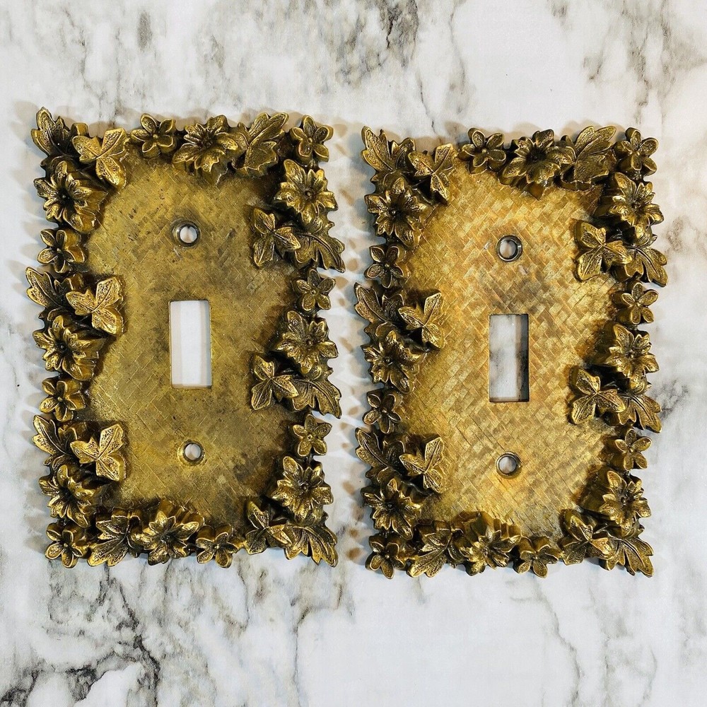 2 Vintage 1967 American Tack Howe Hardware Ornate Brass Light Switch Plate Cover